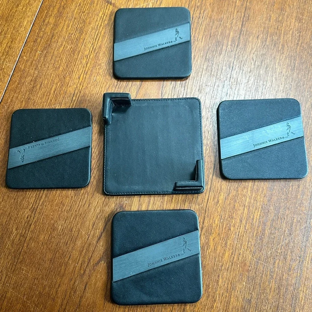 Johnnie Walker Black Faux Leather Coaster Set 4 Piece & Holder Barware Man Cave